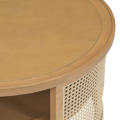 Bellemave® 2-Tiered Round Natural Wood Coffee Table with Storage Rattan Base