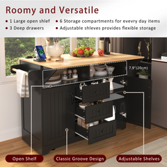 Bellemave® 55.7" Large Kitchen Island on 5 Wheels with 2 Drop Leaf,Power Outlet, Spice,Towel Rack,3 Drawers