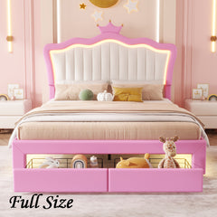 Bellemave® Modern Upholstered Princess Bed with Drawers,Crown Headboard and LED Lights