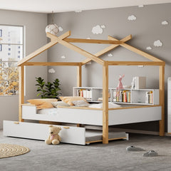 Bellemave® Full Size Wooden House Bed with Original Wood Color Frame with Trundle Bed and Bookshelf Storage Spac