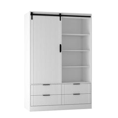 Bellemave® Modern Wardrobe with Hanging Rod and Barn Door ,Drawers and Open Shelves