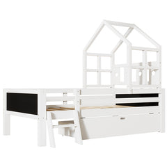 Bellemave® House Bed with 2 Blackboard Design, Ladder and Storage Drawers