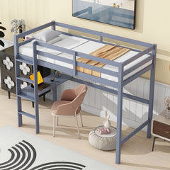 Bellemave® Twin Size Rubber Wood High Loft Bed with Safety Guardrail, Built-in Desk and Ladder