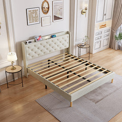 Bellemave® Queen Size Cotton and Linen Fabric Platform Bed with Mesh Backboard and LED Lights