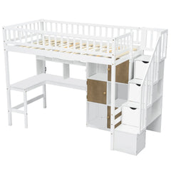 Bellemave® Twin Size Wood Loft Bed with Built-in Desk, LED, Storage Shelves, Cabinets and Staircase