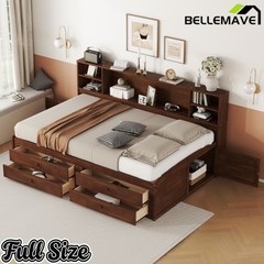 Bellemave Full Size Wooden Captain Bed with Built-in Storage Shelves, 4 Drawers and 2 Cabinets, Antique Brown Bellemave