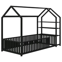 Bellemave® Metal House Bed with Fence and Detachable Storage Shelves