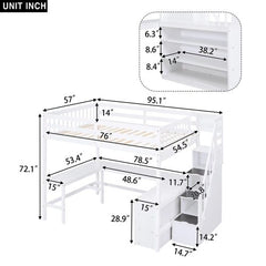 Bellemave® Full Size Loft Bed with Built-in L-Shaped Desk and Three-Tier Storage Shelves,and Attached Storage Staircase