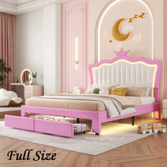 Bellemave® Modern Upholstered Princess Bed with Drawers,Crown Headboard and LED Lights