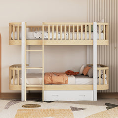 Bellemave® Twin Size Wood Bunk Bed with Fence Guardrail and a Big Drawer Bellemave®
