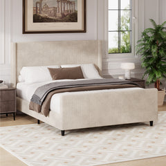 Bellemave® Corduroy Upholstered Bed with Vertical Stripe Wingback and High Footboard