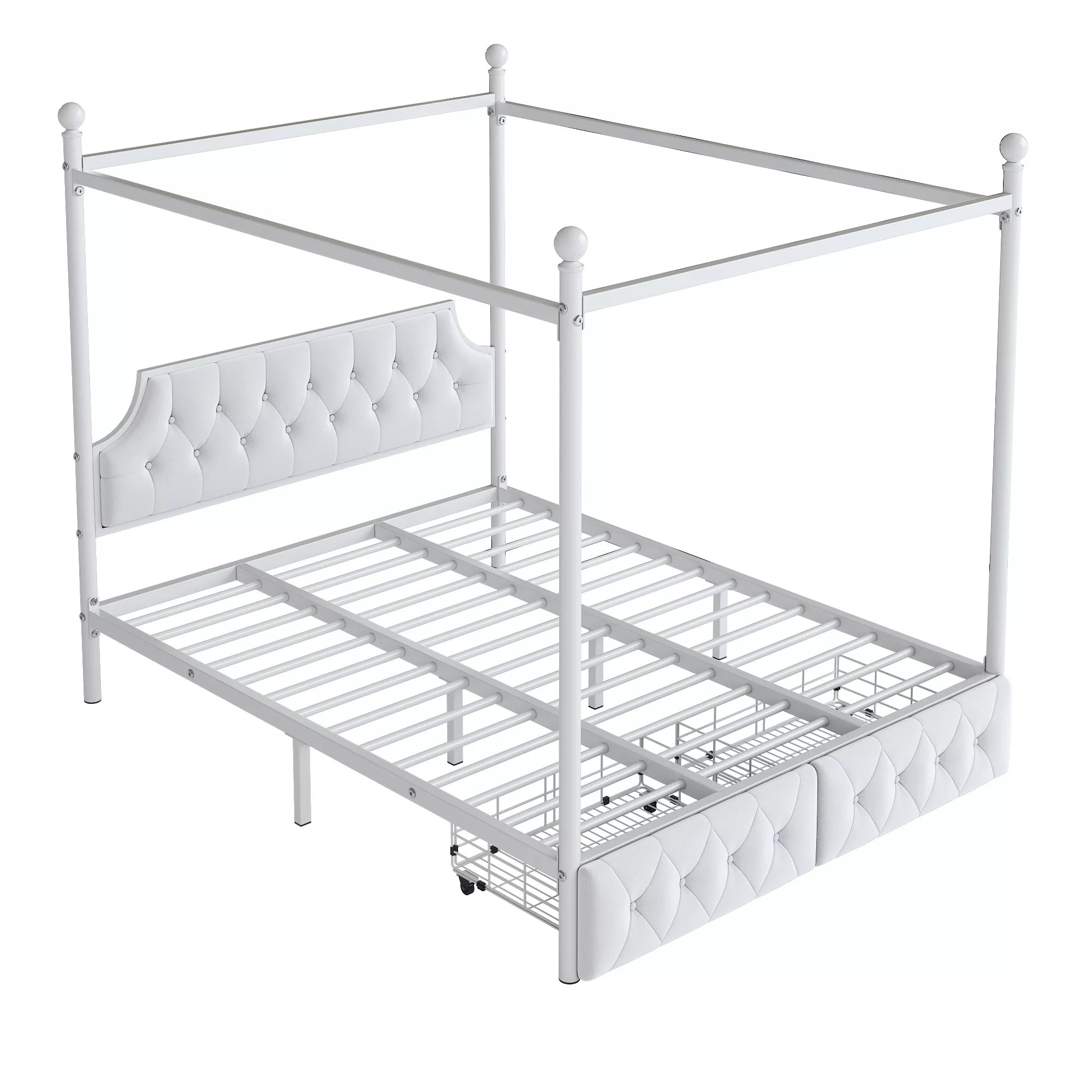 Bellemave® Queen Upholstered Canopy Bed Frame with 2 Drawers, Headboard & Storage, Four-Poster Metal Platform Bed Frame, White Bellemave®
