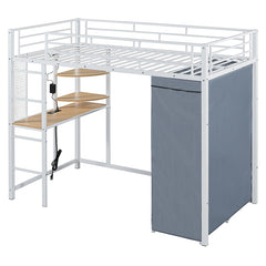 Bellemave® Loft Metal Bed with Desk,Shelves,Power Outlet,LED Light and Wardrobe