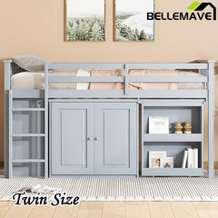 Bellemave® Twin Size Rubber Wood Loft Bed with Storage Cabinet, Drawer and Shelf Cabinet and Pulling-Out Desk, Safety Guardrail and Ladder