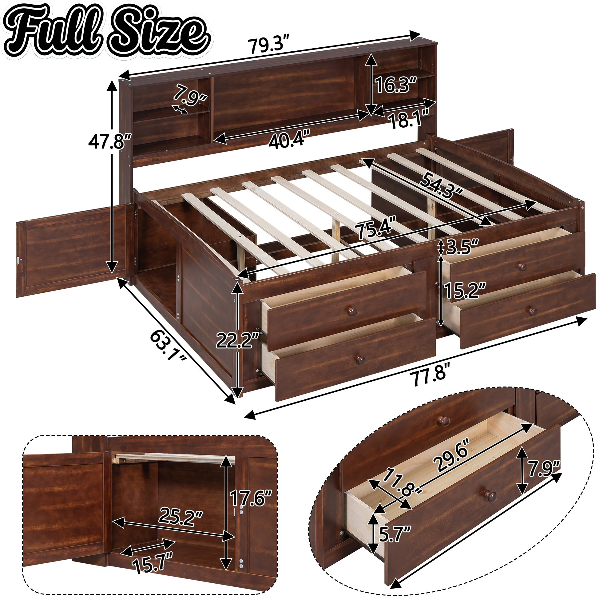 Bellemave Full Size Wooden Captain Bed with Built-in Storage Shelves, 4 Drawers and 2 Cabinets, Antique Brown Bellemave