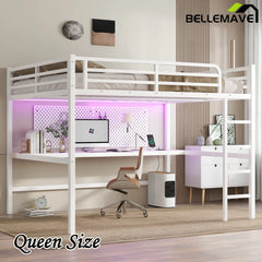 Bellemave® Queen Size Metal Loft Bed with Power Outlet and LED Lighted