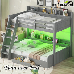 Bellemave® Twin over Full Bunk Bed with Storage Shelves, LED, Charging Station and a Drawer