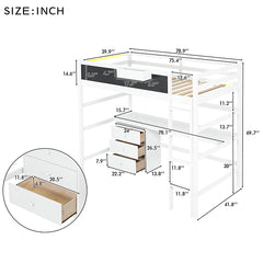 Bellemave® Twin Size Loft Bed with Desk, Blackboard and Storage Box, Shelf and 3 Drawers