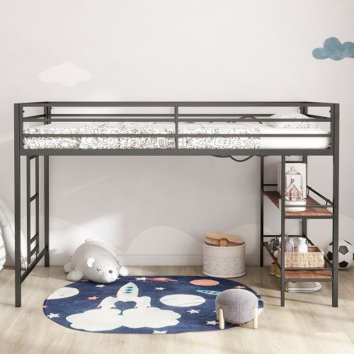 Bellemave® Twin Size Loft Bed with Cinnamon Wood Shelf