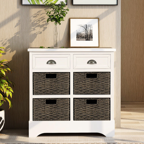 Bellemave® Rustic Storage Cabinet with Two Drawers and Four Classic Rattan Basket