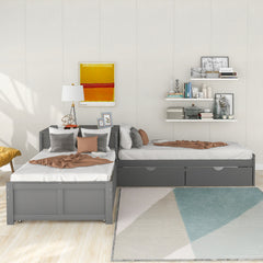 Bellemave® Twin Size L-shaped Platform Bed with Trundle and Drawers Linked with Built-In Desk