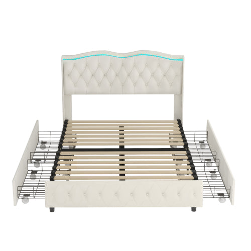 Bellemave® Velvet Upholstered Platform Bed with Deep Tufted Buttons and Nailhead Trim, Adjustable Colorful LED Light Decorative Headboard and 4 Drawers