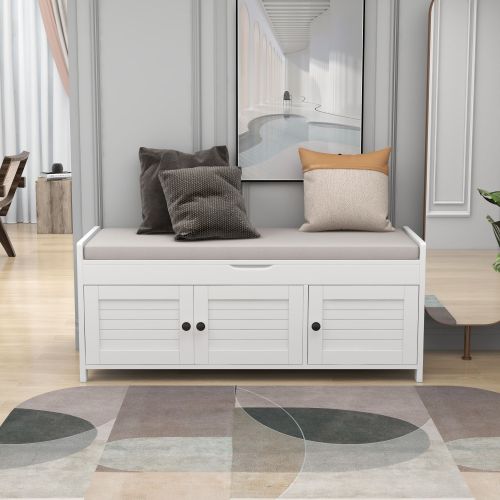 Bellemave® Storage Bench with 3 Shutter-shaped Doors, Shoe Bench with Removable Cushion and Hidden Storage Space