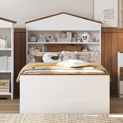 Bellemave® Twin Size House-Shaped Wooden Bed with Storage Shelf on the Headboard, Built-in Two Storage Drawers