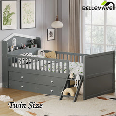 Bellemave® Twin Size Wooden Platform Bed with Storage 4 Drawers,Guardrail Headboard and Ladder