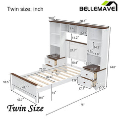 Bellemave® Solid Pine Wood Platform Bed with All-In-One 2 Nightstand Bookcase and Storage Shelf