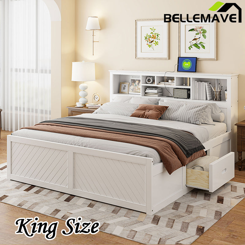 Bellemave® King Size Wood Platform Bed with Multi-storage Headboard, USB and Drawers