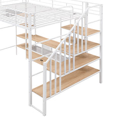 Bellemave® Full Size Metal Loft Bed with Staircase,Low Storage Table and Storage Shelves