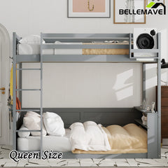 Bellemave® Queen Size Wooden Bunk Bed with Built-in Shelves,Storage Box,LED Light and USB Charging Station