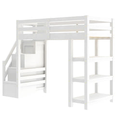 Bellemave® Wooden Loft Bed with Shelves, Storage Staircase, Small Wardrobe and White LED Light