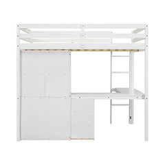 Bellemave® Full Size Loft Wood Bed with Desk, Storage shelves and Drawers, Built-in Ladder and Guardrails