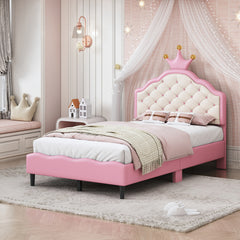 Bellemave® Lovely Crown Fantasy PU Leather Princess Bed with Tufted Headboard