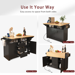 Bellemave® 55.7" Large Kitchen Island on 5 Wheels with 2 Drop Leaf,Power Outlet, Spice,Towel Rack,3 Drawers