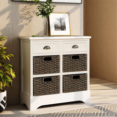 Bellemave® Rustic Storage Cabinet with Two Drawers and Four Classic Rattan Basket