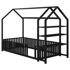 Bellemave® Metal House Bed with Fence and Detachable Storage Shelves