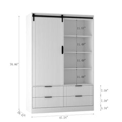 Bellemave® Modern Wardrobe with Hanging Rod and Barn Door ,Drawers and Open Shelves