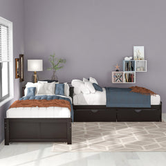 Bellemave® Twin Size L-shaped Platform Bed with Trundle and Drawers Linked with Built-In Desk