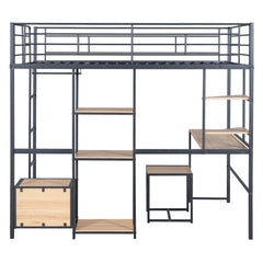 Bellemave® Full Size Metal Loft Bed with Desk and Stool,Open-Style Wardrobe, Shelves and Cabinet