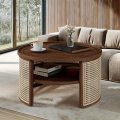 Bellemave® 2-Tiered Round Natural Wood Coffee Table with Storage Rattan Base