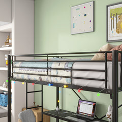 Bellemave® Twin Size Metal Loft Bed with Desk, Power Outlet and LED Lighted , Safety Guard & Ladder