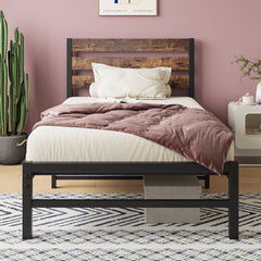 Bellemave® Metal Platform Bed with Rustic Vintage Wood Headboard, Strong Metal Slats Support Mattress Foundation