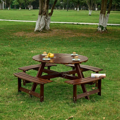 Bellemave® Outdoor 8 Person Round Picnic Table Set with 4 Built-in Benches, Umbrella Hole, Outside Table