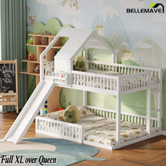 Bellemave® Full XL Over Queen House Bunk Bed with Slide, Solid Wood Kids Bunk Bed with Built-In Ladder