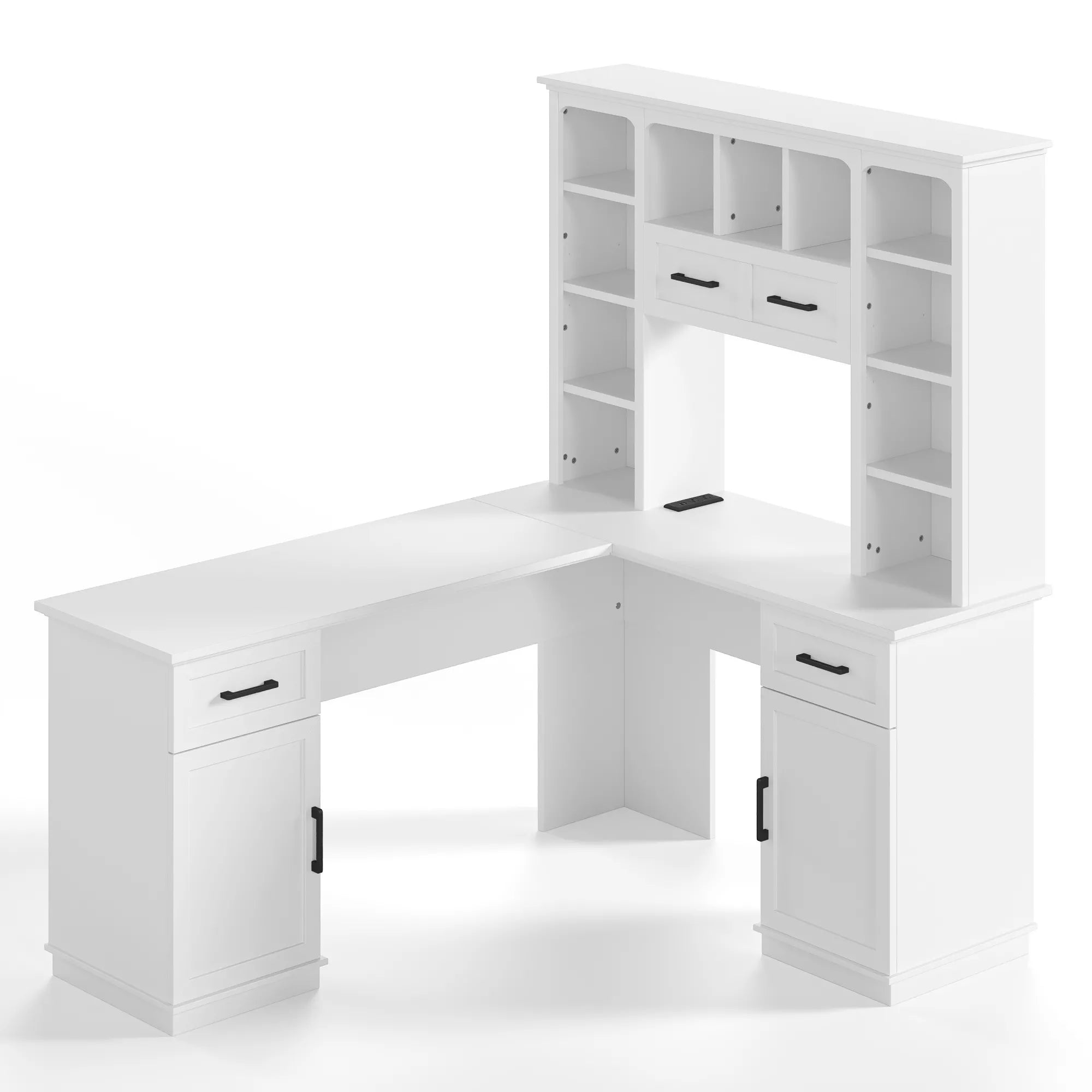 White L-shaped computer desk viewed from the open workspace side