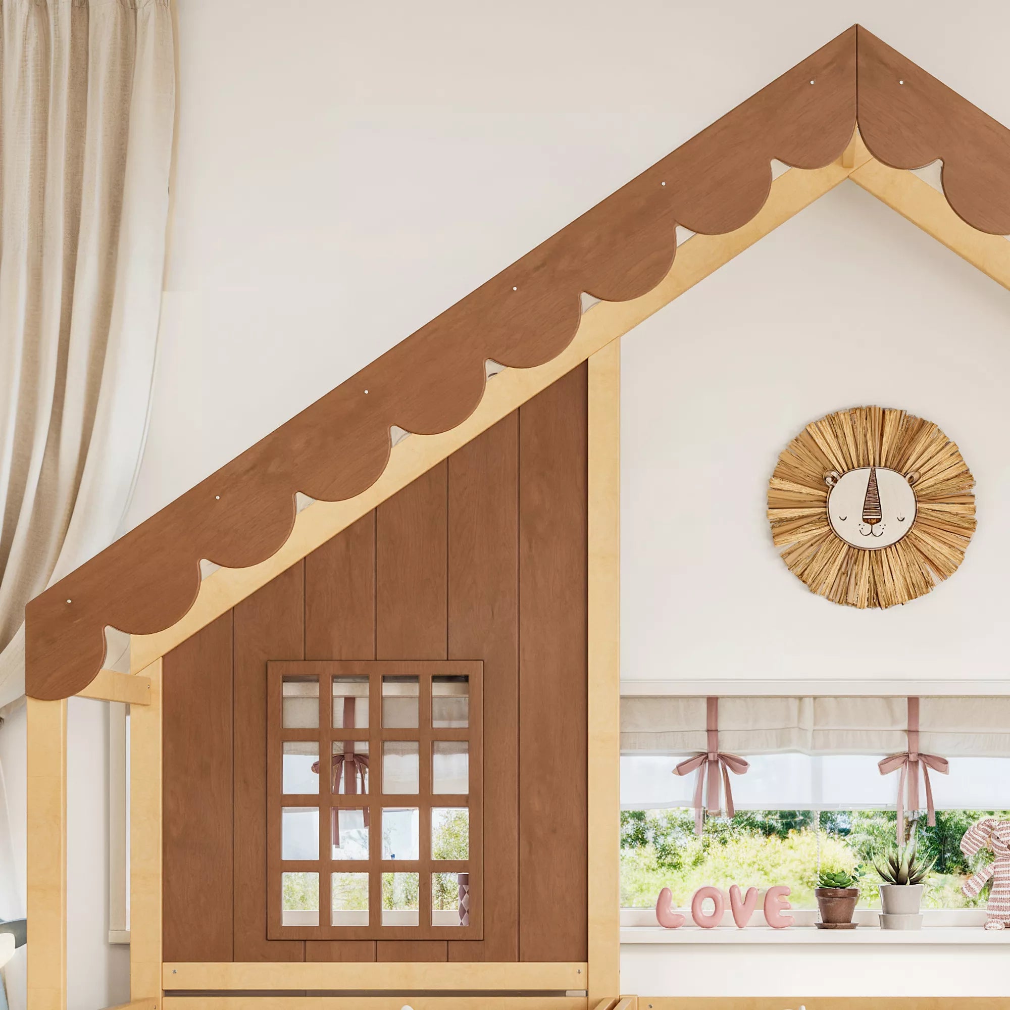 House-shaped wooden floor bed styled in a kids' bedroom with decorative window and roof trim