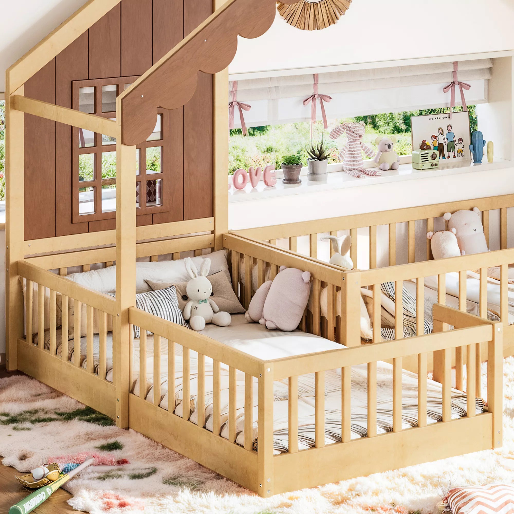 Wooden house floor bed with surrounding rails in a cozy children's bedroom